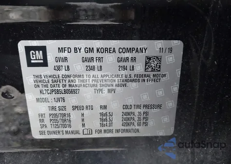 2020 Chevrolet Trax Awd Lt z USA, uszkodzony, nr VIN KL7CJPSB5LB056927